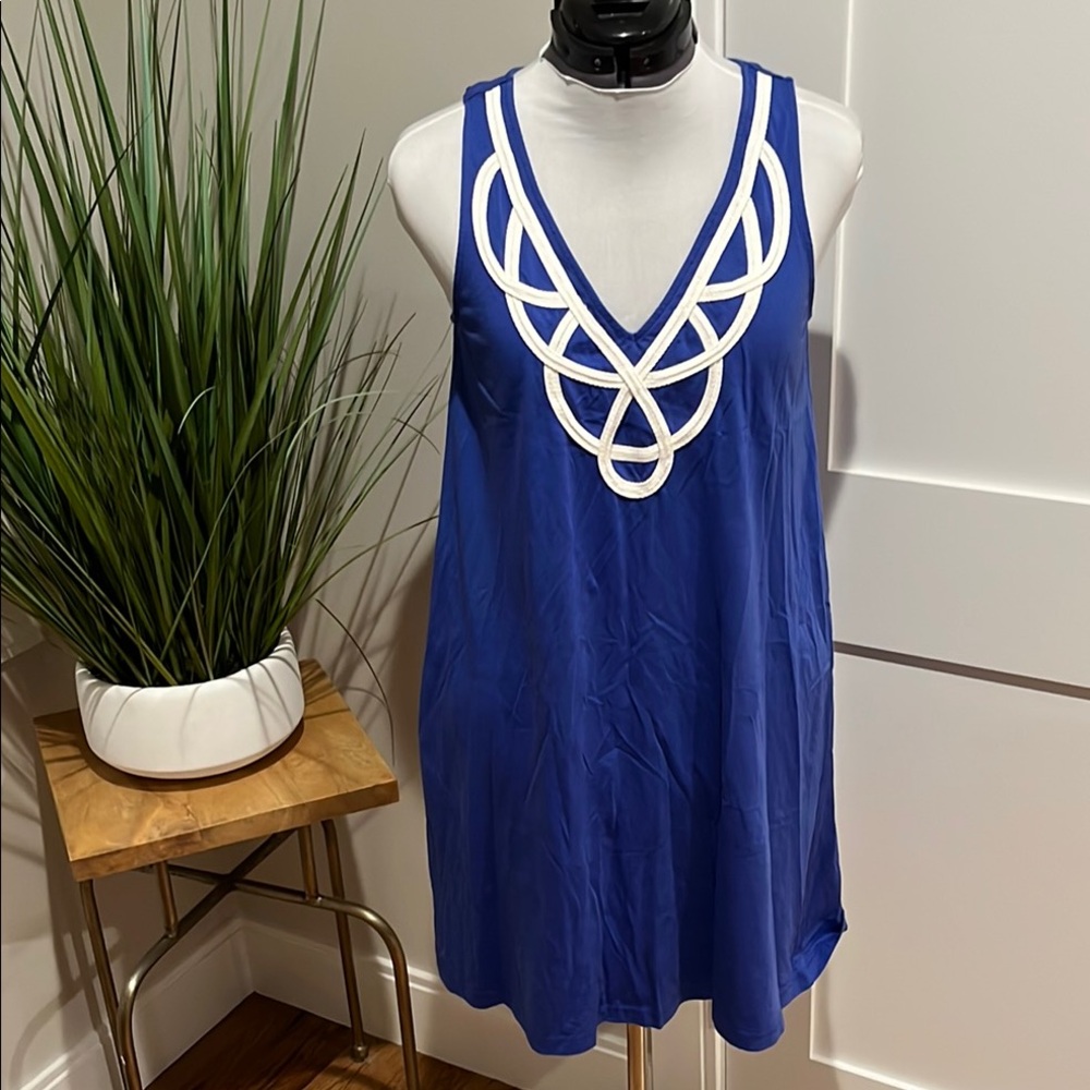 Blue Sleeveless Dress with White Trim